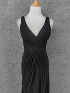 Classic Black V-Neck Sleeveless Open Back Lace Chiffon Long Prom Dresses Evening Dresses