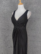 Classic Black V-Neck Sleeveless Open Back Lace Chiffon Long Prom Dresses Evening Dresses