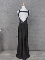 Classic Black V-Neck Sleeveless Open Back Lace Chiffon Long Prom Dresses Evening Dresses