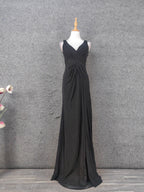 Classic Black V-Neck Sleeveless Open Back Lace Chiffon Long Prom Dresses Evening Dresses