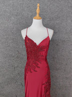 Classic Burgundy Mermaid Spaghetti Strap V-Neck Embroidered Satin Long Prom Dresses Evening Dresses