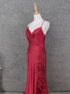 Classic Burgundy Mermaid Spaghetti Strap V-Neck Embroidered Satin Long Prom Dresses Evening Dresses