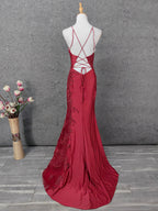 Classic Burgundy Mermaid Spaghetti Strap V-Neck Embroidered Satin Long Prom Dresses Evening Dresses