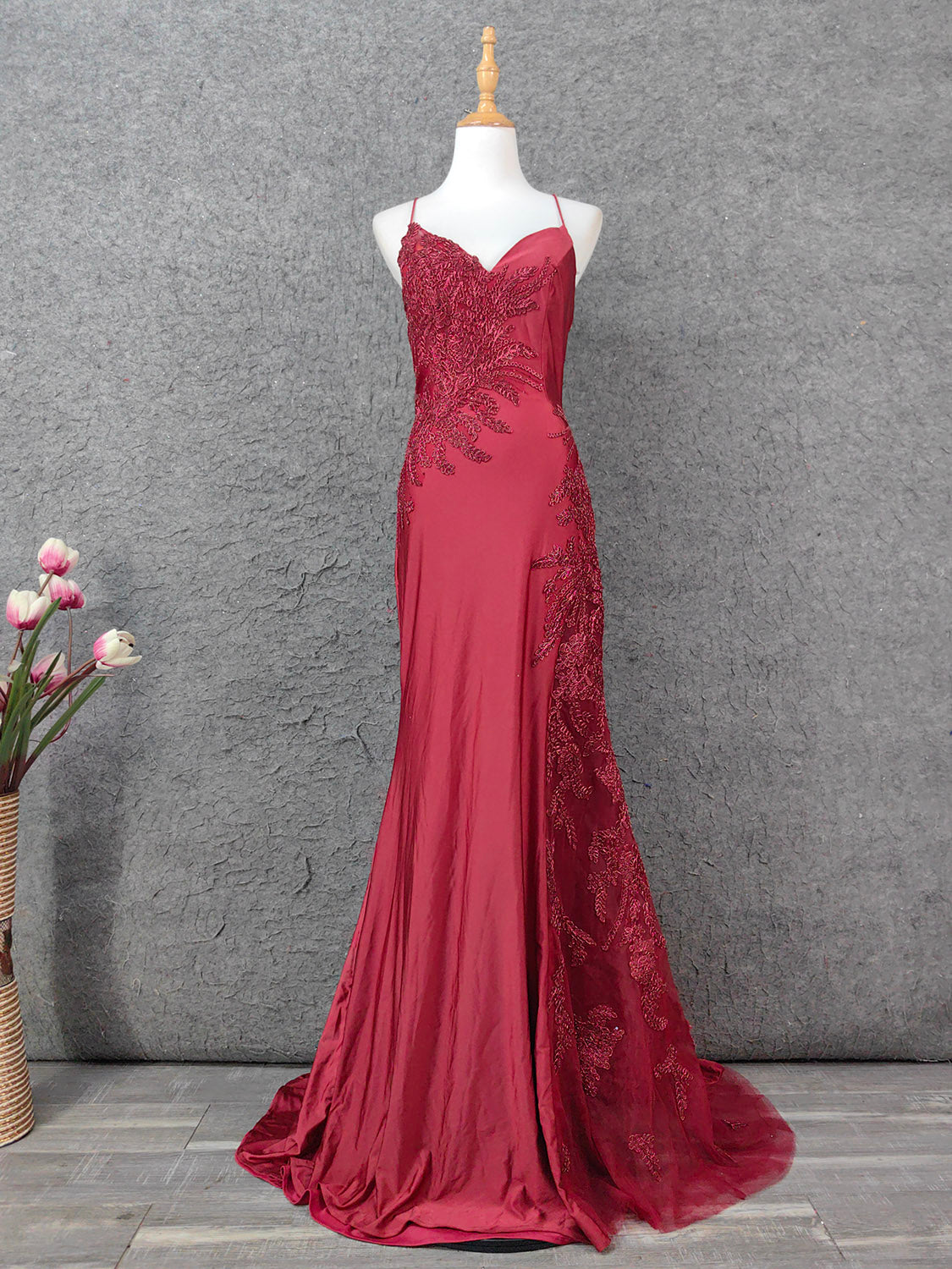 Classic Burgundy Mermaid Spaghetti Strap V-Neck Embroidered Satin Long Prom Dresses Evening Dresses Main image