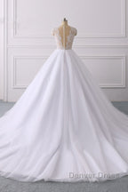 Classic Cap sleeves V neck White Ball Gown Lace Wedding Dresses