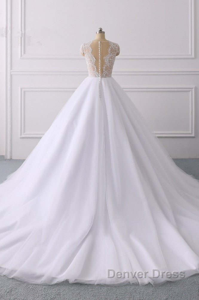 Classic Cap sleeves V neck White Ball Gowns Lace Wedding Dresses Secondary image