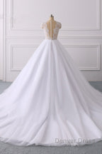 Classic Cap sleeves V neck White Ball Gowns Lace Wedding Dresses