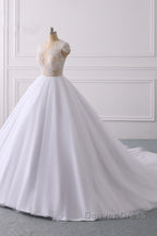 Classic Cap sleeves V neck White Ball Gown Lace Wedding Dresses