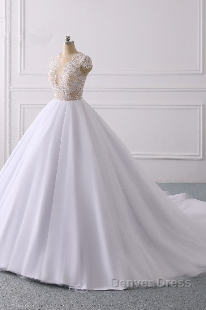 Classic Cap sleeves V neck White Ball Gown Lace Wedding Dresses