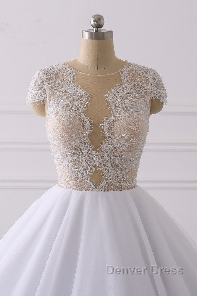 Classic Cap sleeves V neck White Ball Gowns Lace Wedding Dresses