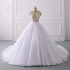 Classic Cap sleeves V neck White Ball Gown Lace Wedding Dresses