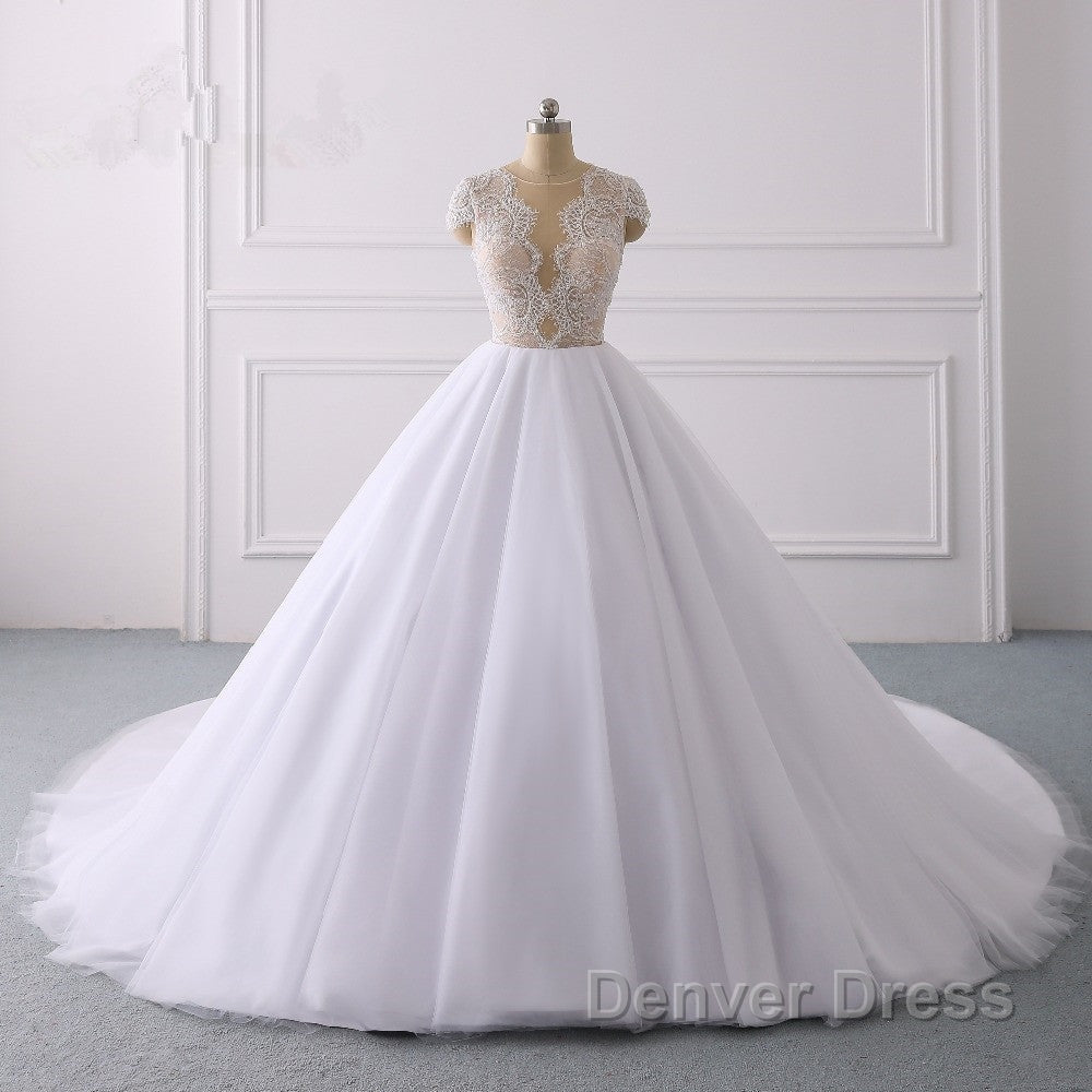 Classic Cap sleeves V neck White Ball Gown Lace Wedding Dresses