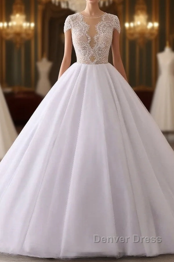 Classic Cap sleeves V neck White Ball Gown Lace Wedding Dresses Main image