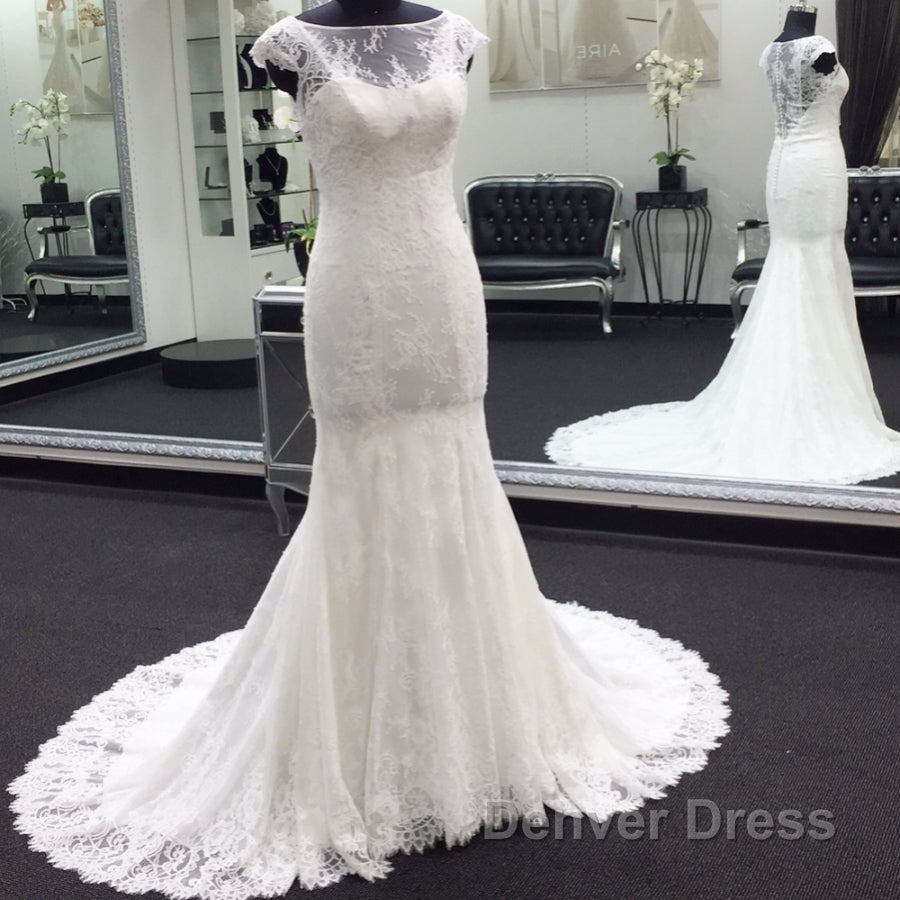 Classic Cap Sleeves White Illusion neck Lace Mermaid Wedding Dresses with Court Train Secondary image