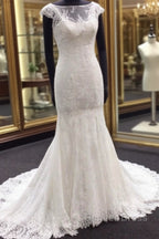 Classic Cap Sleeves White Illusion neck Lace Mermaid Wedding Dresses with Court Train