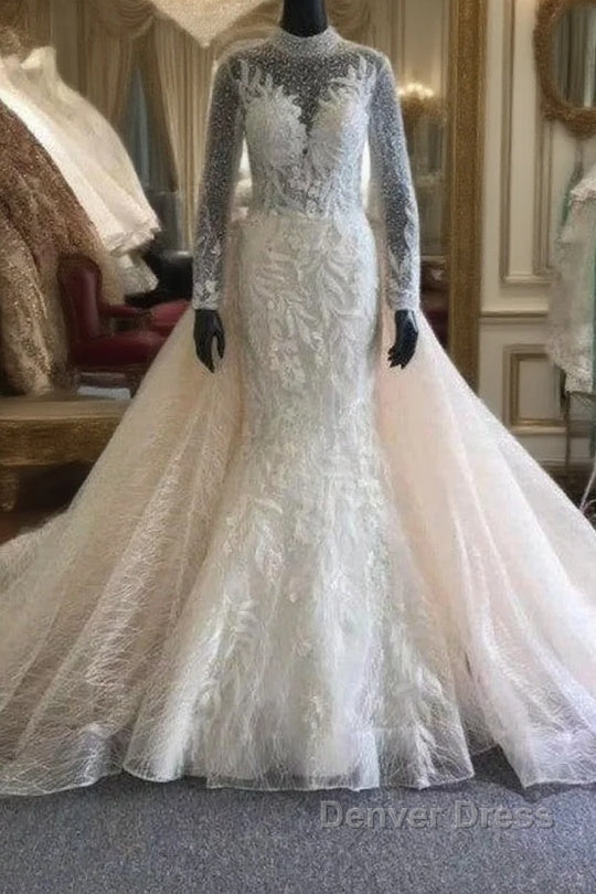 Classic Collar Long Sleeves Floral Pattern Mermaid Wedding Dresses Detachable Sweep Train Main image