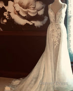 Classic Double V Neck Floral Lace Wedding Bridal Gowns Sweep Train