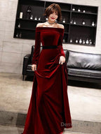Classic Prom Dress Velvet Long Sleeve Off Shoulder Maxi Dresses