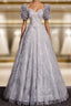 Classic Gray Tulle Sequins Short Sleeve Beading Prom Dresses
