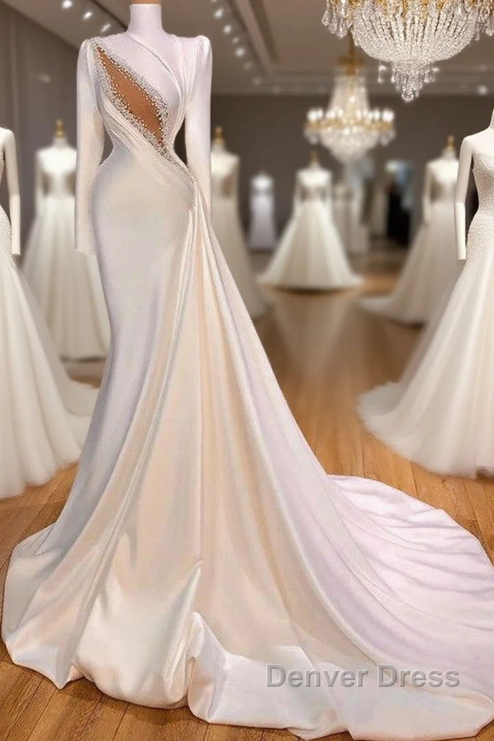 Classic High Neck Long Sleeves Mermaid Wedding Dresses Ruffles With Crystals Main image