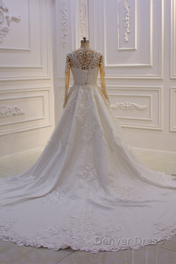 Classic Jewel Long Sleevess Tulle Lace Sparkle Ivory Wedding Dresses Secondary image
