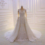 Classic Jewel Long Sleevess Tulle Lace Sparkle Ivory Wedding Dresses