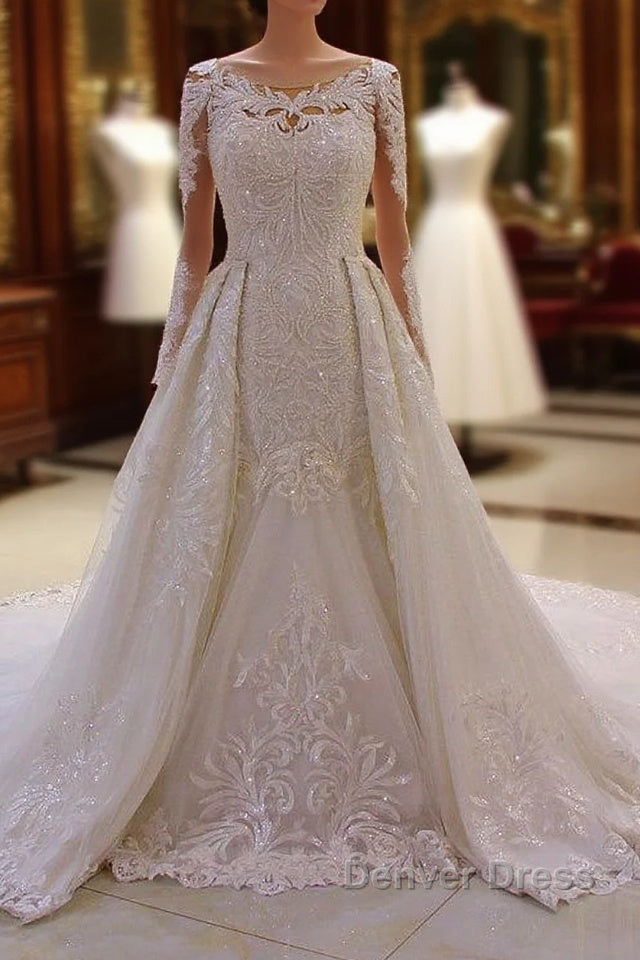 Classic Jewel Long Sleevess Tulle Lace Sparkle Ivory Wedding Dresses Main image