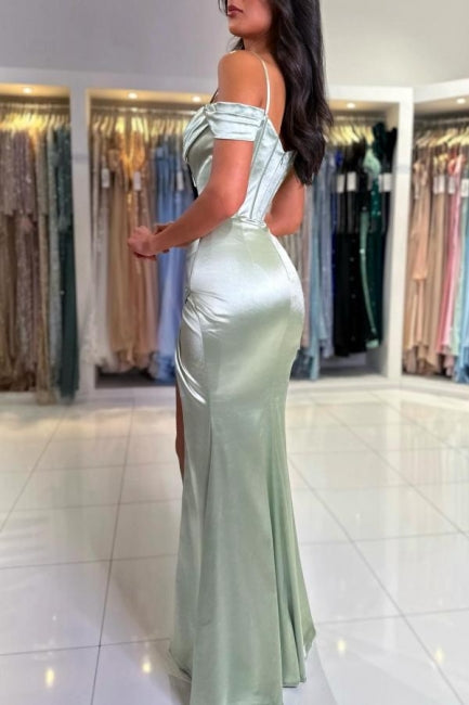 Classic Long Mermaid Gorgeous Spaghetti Straps Off-The-Shoulder Satin Prom Dress With Slit Secondary image