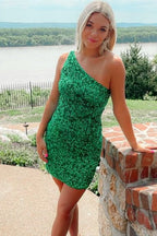 Classic One Shoulder Sleeveless Sequins Tight Prom Homecoming Dresses