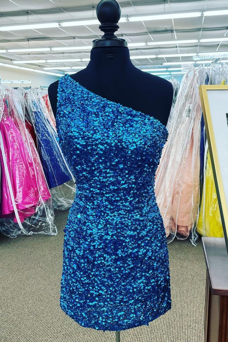 Classic One Shoulder Sleeveless Sequins Tight Prom Homecoming Dresses