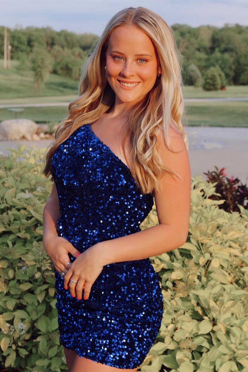 Classic One Shoulder Sleeveless Sequins Tight Prom Homecoming Dresses