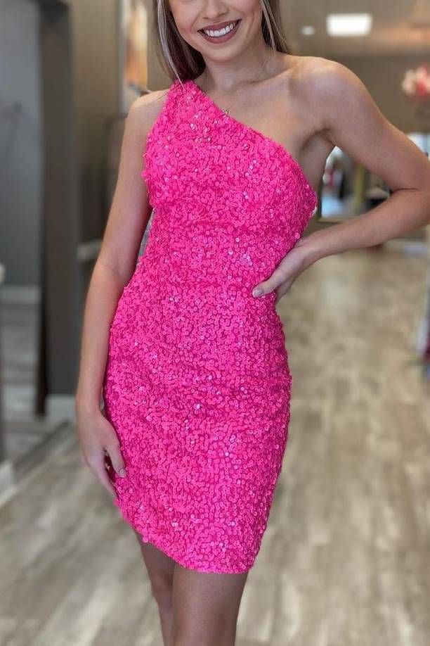 Classic One Shoulder Sleeveless Sequins Tight Prom Homecoming Dresses Main image