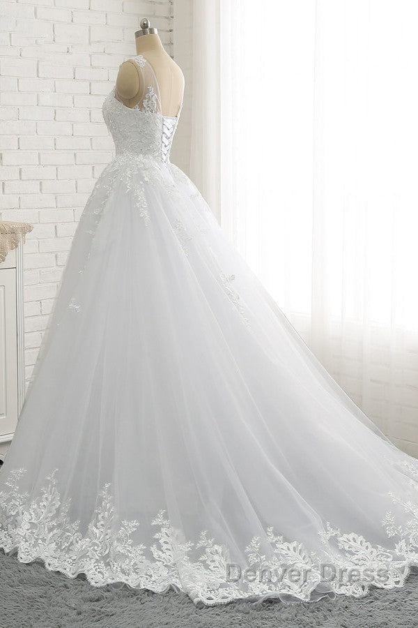 Classic Round neck Lace appliques White Princess Wedding Dresses