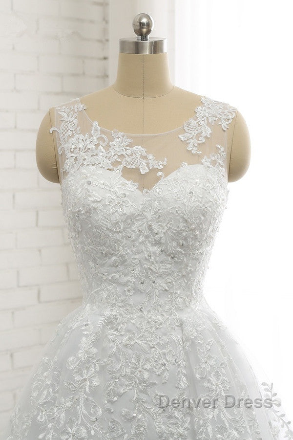 Classic Round neck Lace appliques White Princess Wedding Dresses