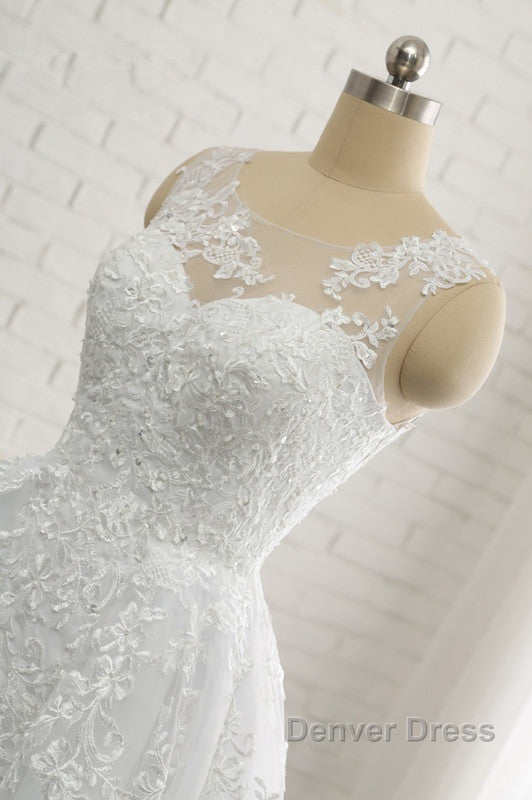 Classic Round neck Lace appliques White Princess Wedding Dresses