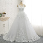 Classic Round neck Lace appliques White Princess Wedding Dresses