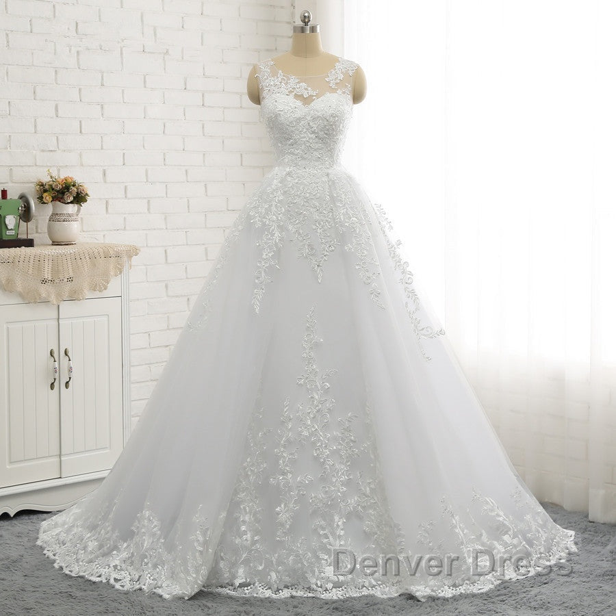 Classic Round neck Lace appliques White Princess Wedding Dresses