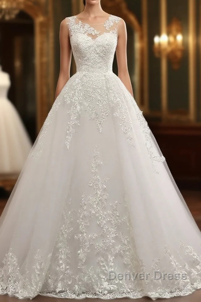 Classic Round neck Lace appliques White Princess Wedding Dresses Main image
