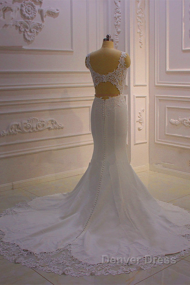 Classic Sleeveless Lace V neck Column White Court Train Wedding Dresses