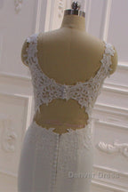 Classic Sleeveless Lace V neck Column White Court Train Wedding Dresses