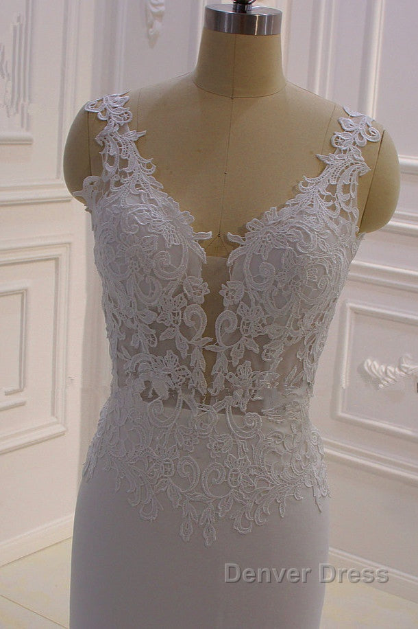 Classic Sleeveless Lace V neck Column White Court Train Wedding Dresses