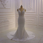 Classic Sleeveless Lace V neck Column White Court Train Wedding Dresses