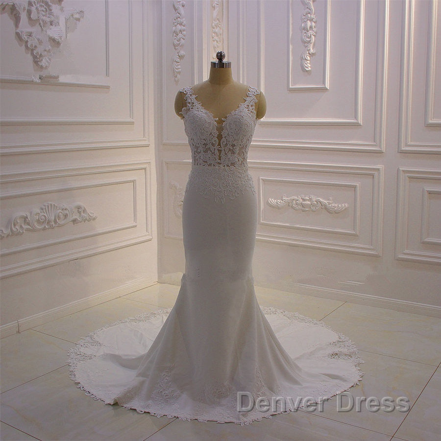 Classic Sleeveless Lace V neck Column White Court Train Wedding Dresses