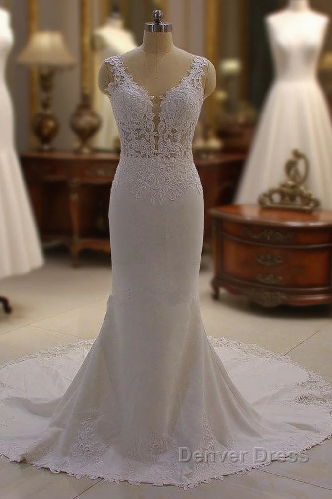 Classic Sleeveless Lace V neck Column White Court Train Wedding Dresses Main image