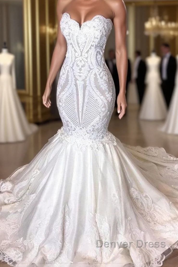 Classic Sleeveless Sweetheart Lace Appliques Mermaid Slim Bridal Wedding Dresses Main image