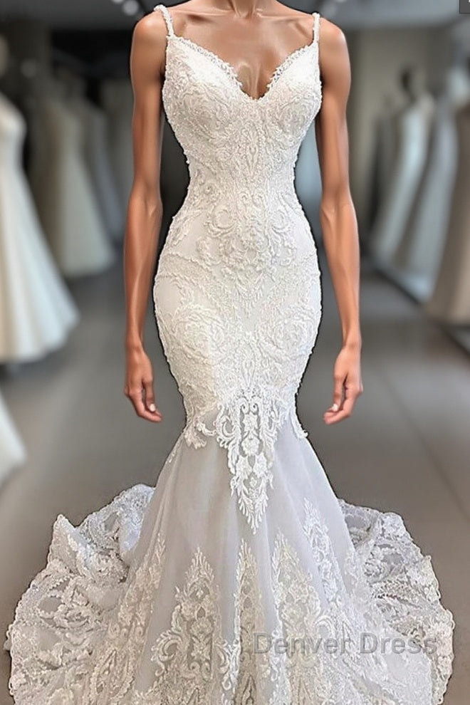 Classic Spaghetti Strap V neck White Sleeveless Mermaid Open Back Wedding Dresses with Chapel Train Main image