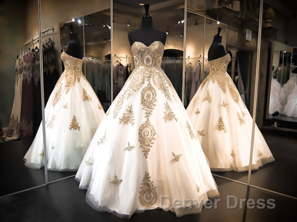 Classic Sweetheart Gold Lace Wedding Dress Sparkly Ball Gowns Bridal Dresses