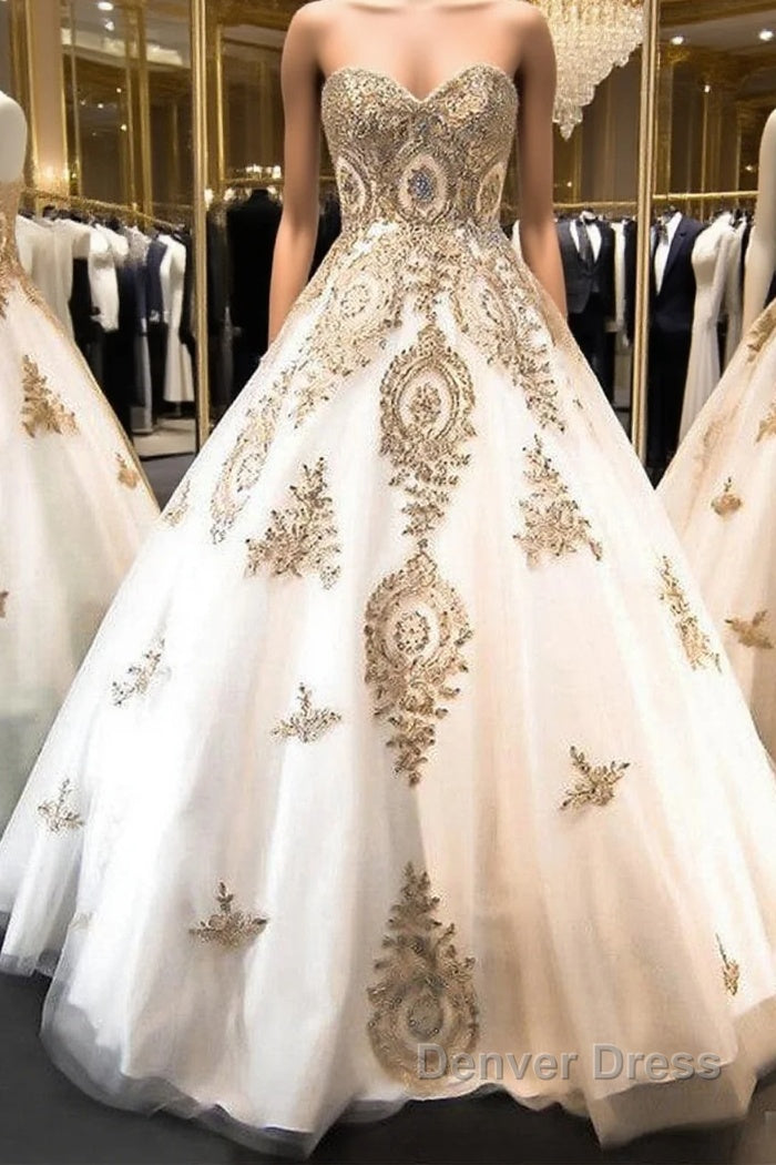 Classic Sweetheart Gold Lace Wedding Dresses Sparkly Ball Gown Bridal Dresses Main image