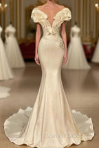 Classic White Long Pearl Ruffle Prom Dresses