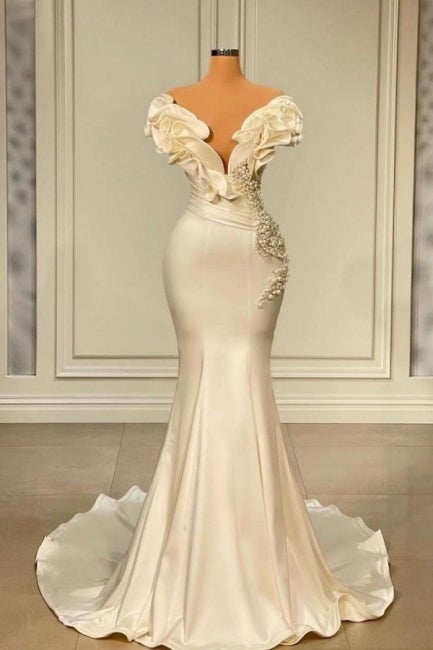 Classic White Long Pearl Ruffle Prom Dresses Main image